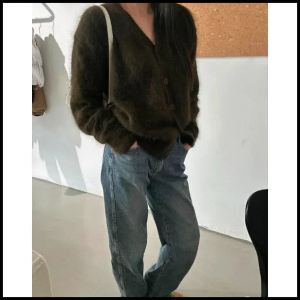 Oversized Mohair Cardigan V-Neck Button Down Fuzzy Sweater Y2K Winter_2